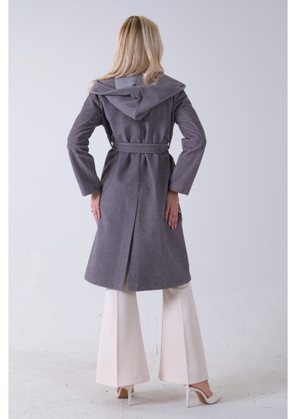 Gri Çift Cepli Kemer Bağlamalı Kapüşonlu Yün Kaban 0108089.06