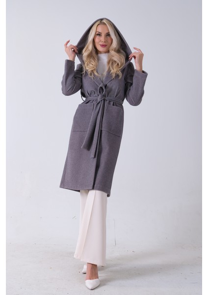 Gri Çift Cepli Kemer Bağlamalı Kapüşonlu Yün Kaban 0108089.06