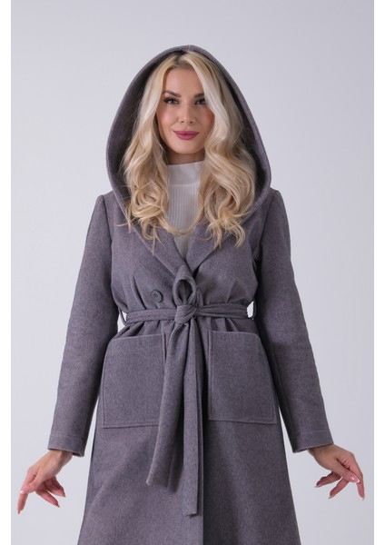Gri Çift Cepli Kemer Bağlamalı Kapüşonlu Yün Kaban 0108089.06