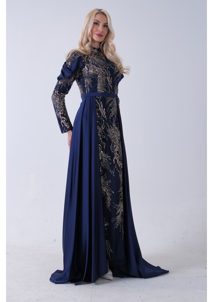 Lacivert Üzeri Taş Işlemeli Bisiklet Yaka Tesettür Elbise 6502502.02 modelleri