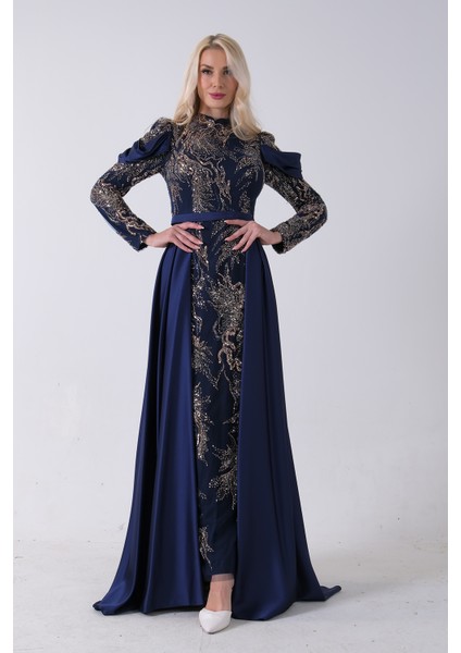 Lacivert Üzeri Taş Işlemeli Bisiklet Yaka Tesettür Elbise 6502502.02