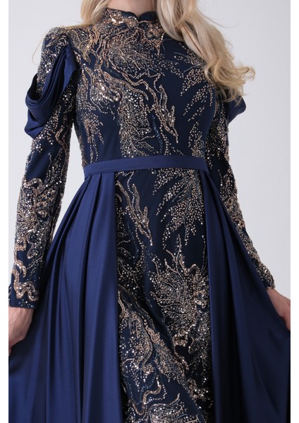 Lacivert Üzeri Taş Işlemeli Bisiklet Yaka Tesettür Elbise 6502502.02