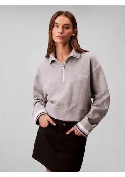 Calvın Kleın Kadın Marka Logolu Pamuk Karışımlı Yarım Fermuarlı Şık Görünümlü Gri Sweatshirt LVGWF5W310 P7A