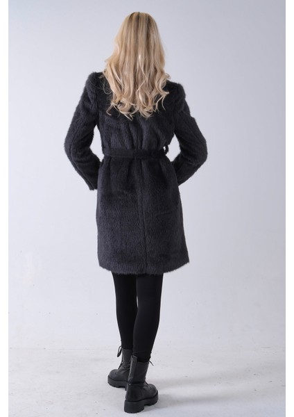 Gri Şal Yaka Çift Cepli Düğme Kapamalı Kemerli Peluş Kaban 0108088.06