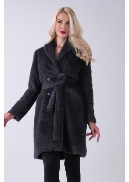 Gri Şal Yaka Çift Cepli Düğme Kapamalı Kemerli Peluş Kaban 0108088.06