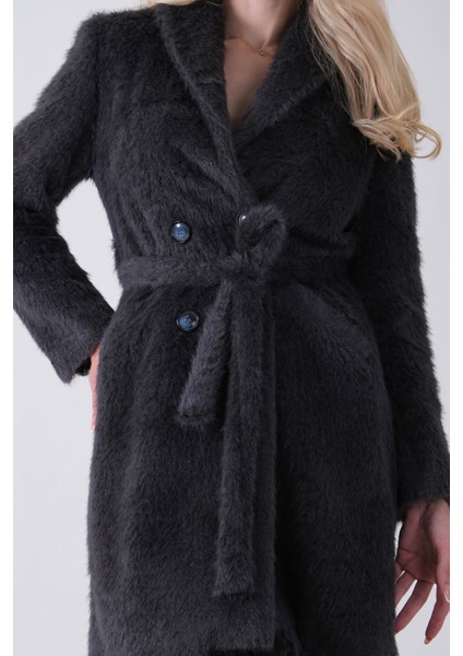 Gri Şal Yaka Çift Cepli Düğme Kapamalı Kemerli Peluş Kaban 0108088.06