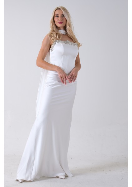 Beyaz Üzeri Taş Işleme Detaylı Kuşak Bağlama Detaylı Straplez Abiye 08011801.15 modelleri