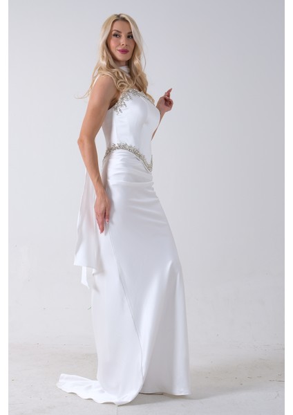 Beyaz Üzeri Taş Işleme Detaylı Kuşak Bağlama Detaylı Straplez Abiye 08011801.15 fırsatları