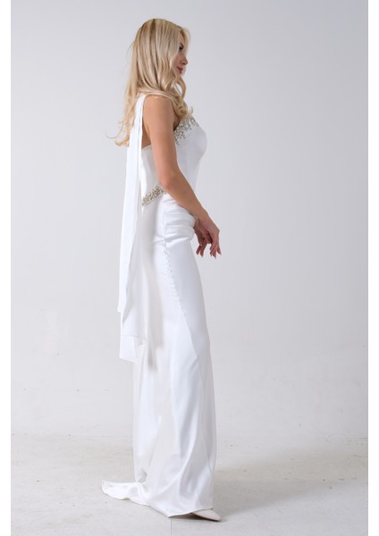 Beyaz Üzeri Taş Işleme Detaylı Kuşak Bağlama Detaylı Straplez Abiye 08011801.15 indirimleri