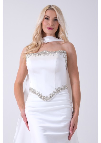 Beyaz Üzeri Taş Işleme Detaylı Kuşak Bağlama Detaylı Straplez Abiye 08011801.15