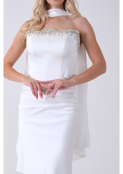 Beyaz Üzeri Taş Işleme Detaylı Kuşak Bağlama Detaylı Straplez Abiye 08011801.15