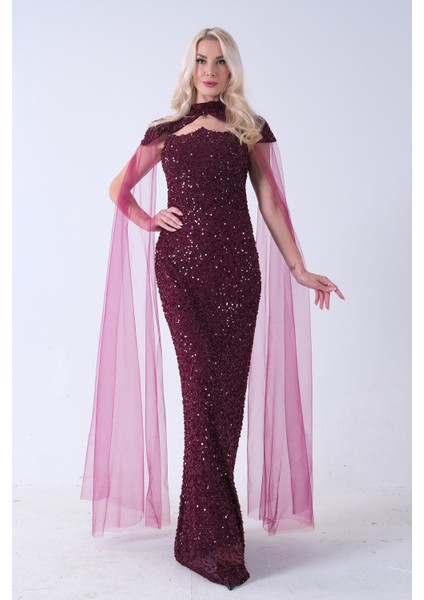 Mürdüm Boyundan Takma Tül Detaylı Straplez Pul Payet Abiye 9705683.21 modelleri