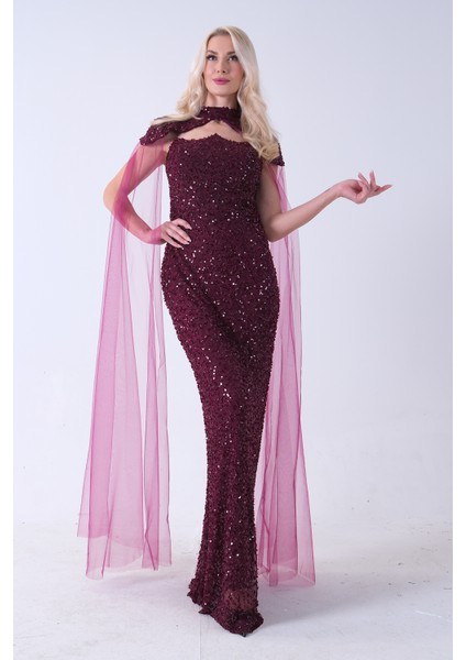 Mürdüm Boyundan Takma Tül Detaylı Straplez Pul Payet Abiye 9705683.21 fırsatları