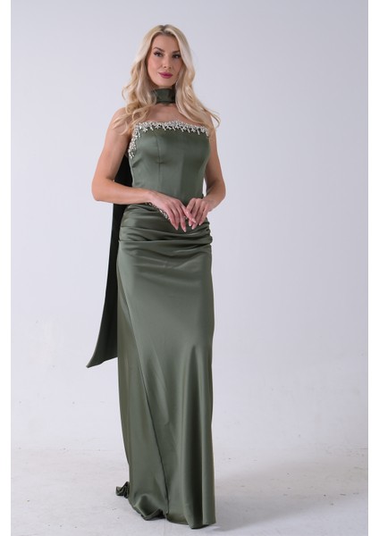 Haki Üzeri Taş Işleme Detaylı Kuşak Bağlama Detaylı Straplez Abiye 08011801.23 fiyatları