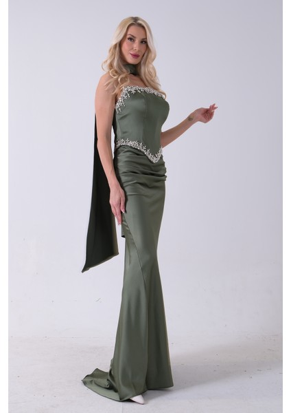 Haki Üzeri Taş Işleme Detaylı Kuşak Bağlama Detaylı Straplez Abiye 08011801.23 modelleri