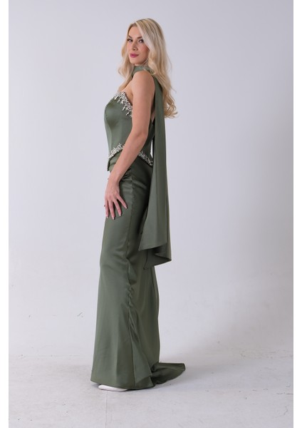 Haki Üzeri Taş Işleme Detaylı Kuşak Bağlama Detaylı Straplez Abiye 08011801.23