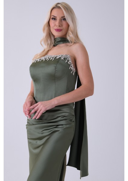 Haki Üzeri Taş Işleme Detaylı Kuşak Bağlama Detaylı Straplez Abiye 08011801.23