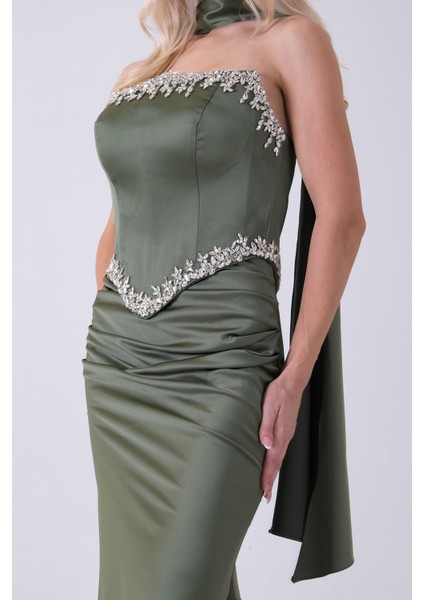 Haki Üzeri Taş Işleme Detaylı Kuşak Bağlama Detaylı Straplez Abiye 08011801.23