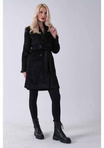 Siyah Şal Yaka Çift Cepli Düğme Kapamalı Kemerli Peluş Kaban 0108088.01 fiyatları