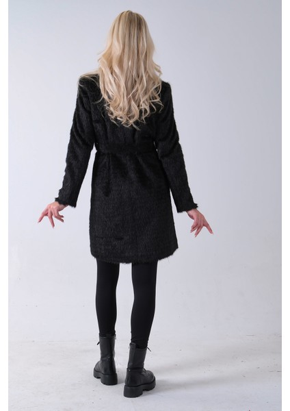 Siyah Şal Yaka Çift Cepli Düğme Kapamalı Kemerli Peluş Kaban 0108088.01 indirimleri