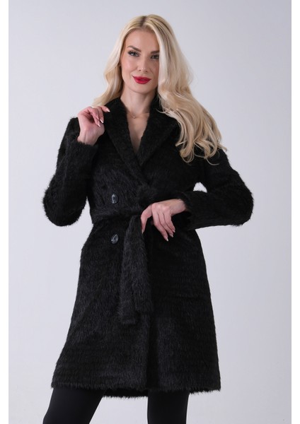 Siyah Şal Yaka Çift Cepli Düğme Kapamalı Kemerli Peluş Kaban 0108088.01