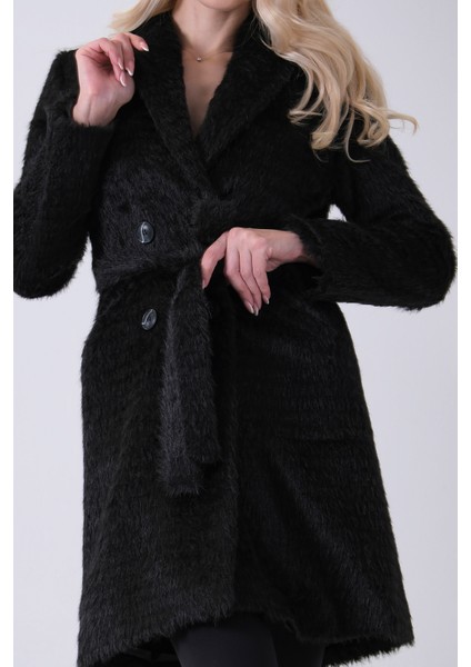 Siyah Şal Yaka Çift Cepli Düğme Kapamalı Kemerli Peluş Kaban 0108088.01