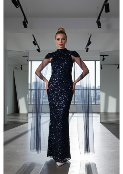 Lacivert Boyundan Takma Tül Detaylı Straplez Pul Payet Abiye 9705683.02