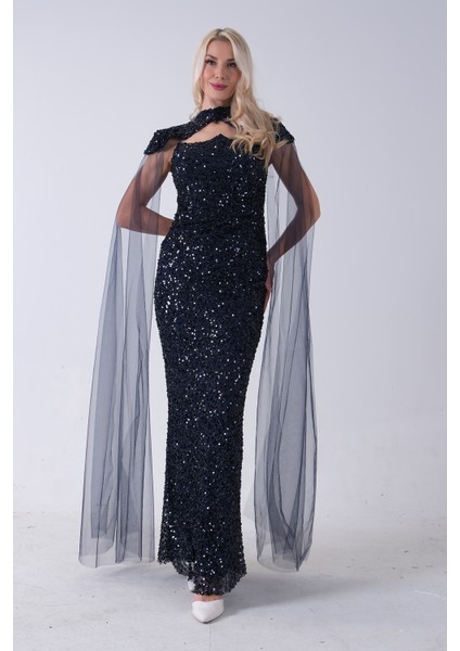 Lacivert Boyundan Takma Tül Detaylı Straplez Pul Payet Abiye 9705683.02 fiyatları