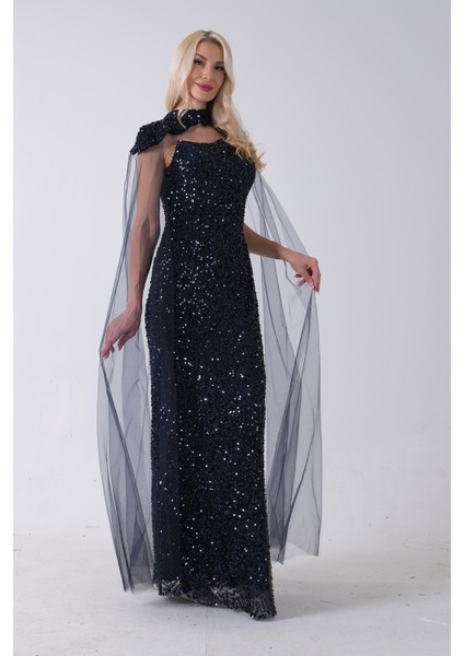 Lacivert Boyundan Takma Tül Detaylı Straplez Pul Payet Abiye 9705683.02 fırsatları