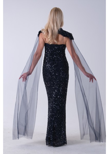 Lacivert Boyundan Takma Tül Detaylı Straplez Pul Payet Abiye 9705683.02