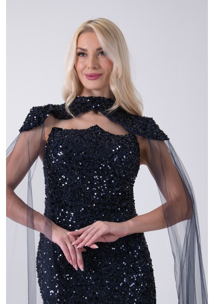 Lacivert Boyundan Takma Tül Detaylı Straplez Pul Payet Abiye 9705683.02