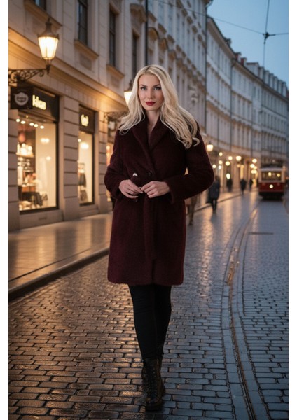 Bordo Şal Yaka Çift Cepli Düğme Kapamalı Kemerli Peluş Kaban 0108088.04