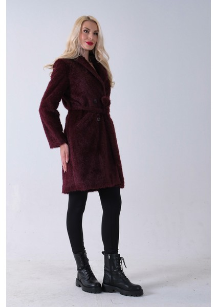 Bordo Şal Yaka Çift Cepli Düğme Kapamalı Kemerli Peluş Kaban 0108088.04 modelleri