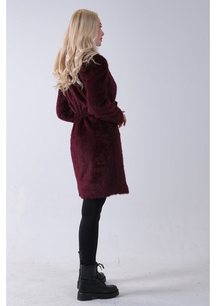 Bordo Şal Yaka Çift Cepli Düğme Kapamalı Kemerli Peluş Kaban 0108088.04 fırsatları