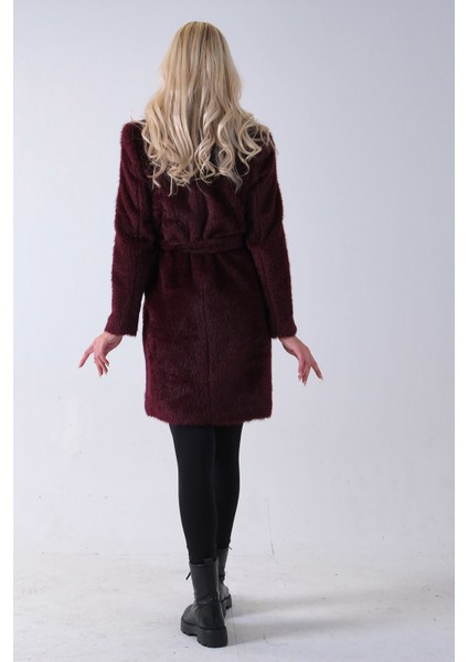 Bordo Şal Yaka Çift Cepli Düğme Kapamalı Kemerli Peluş Kaban 0108088.04 indirimleri