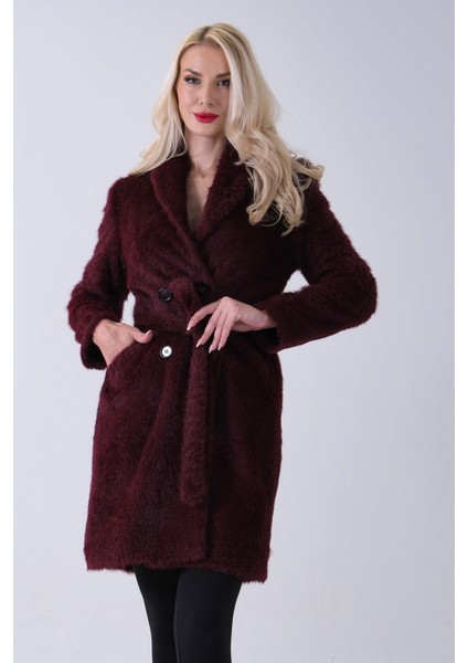 Bordo Şal Yaka Çift Cepli Düğme Kapamalı Kemerli Peluş Kaban 0108088.04