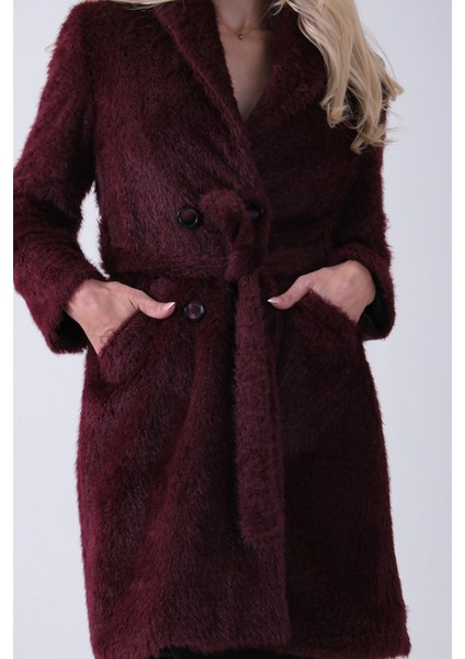 Bordo Şal Yaka Çift Cepli Düğme Kapamalı Kemerli Peluş Kaban 0108088.04