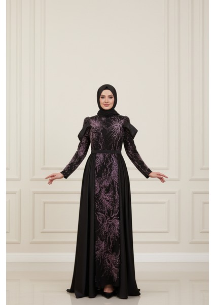 Siyah Üzeri Taş Işlemeli Bisiklet Yaka Tesettür Elbise 6502502.01