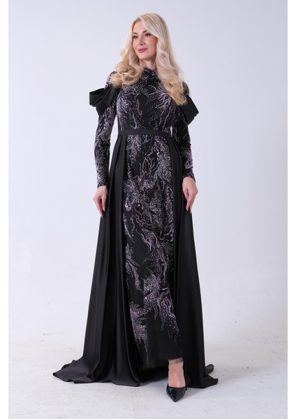 Siyah Üzeri Taş Işlemeli Bisiklet Yaka Tesettür Elbise 6502502.01 modelleri