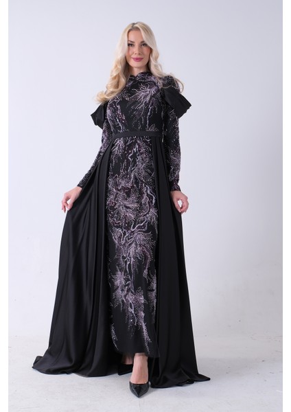 Siyah Üzeri Taş Işlemeli Bisiklet Yaka Tesettür Elbise 6502502.01