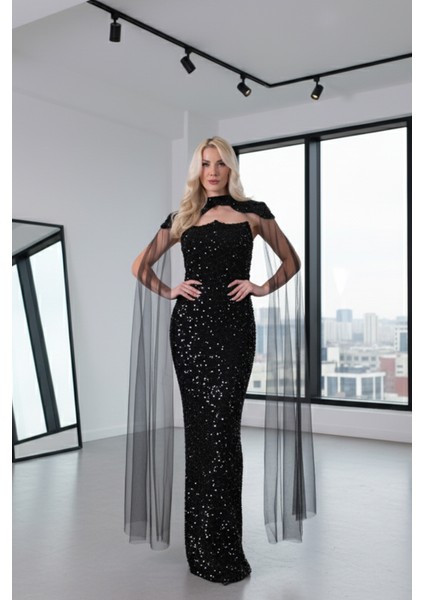 Siyah Boyundan Takma Tül Detaylı Straplez Pul Payet Abiye 9705683.01