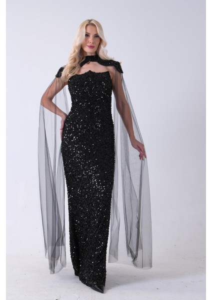 Siyah Boyundan Takma Tül Detaylı Straplez Pul Payet Abiye 9705683.01 fiyatları