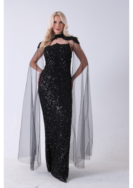 Siyah Boyundan Takma Tül Detaylı Straplez Pul Payet Abiye 9705683.01 modelleri