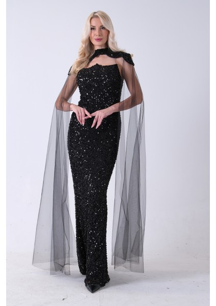 Siyah Boyundan Takma Tül Detaylı Straplez Pul Payet Abiye 9705683.01 fırsatları