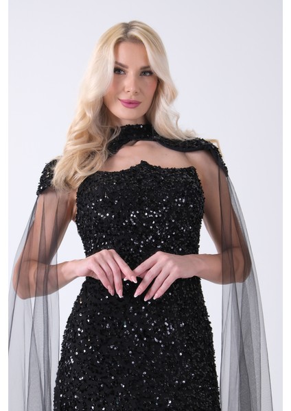 Siyah Boyundan Takma Tül Detaylı Straplez Pul Payet Abiye 9705683.01