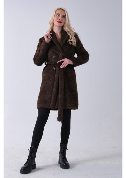 Kahve Şal Yaka Çift Cepli Düğme Kapamalı Kemerli Peluş Kaban 0108088.05 fiyatları