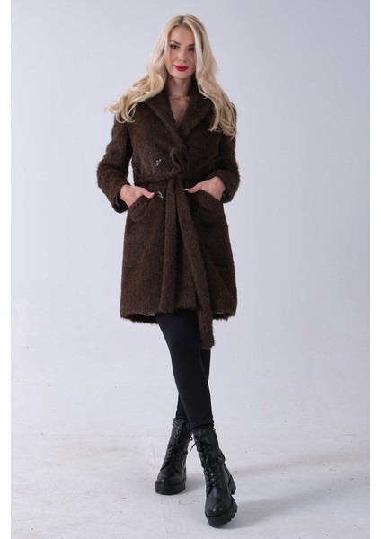 Kahve Şal Yaka Çift Cepli Düğme Kapamalı Kemerli Peluş Kaban 0108088.05