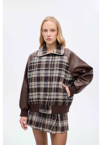 Deri Garnili Ekose Kahverengi Kadın Ceket CKT01279