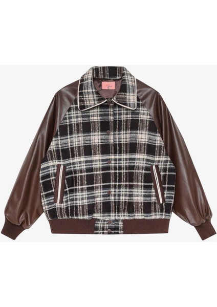 Deri Garnili Ekose Kahverengi Kadın Ceket CKT01279 fiyatları