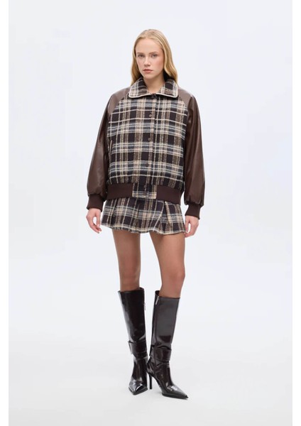 Deri Garnili Ekose Kahverengi Kadın Ceket CKT01279 fırsatları